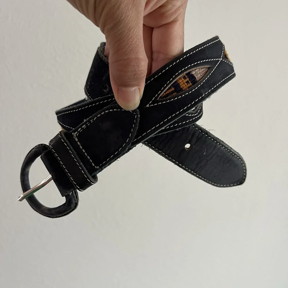 Vintage Blue Leather Southwestern Woven Inlay Belt Boho Artisan 90s Cowgirl